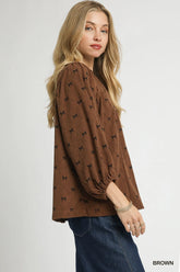 Umgee Corduroy Bow Print Balloon Sleeve Blouse OutfitFlow